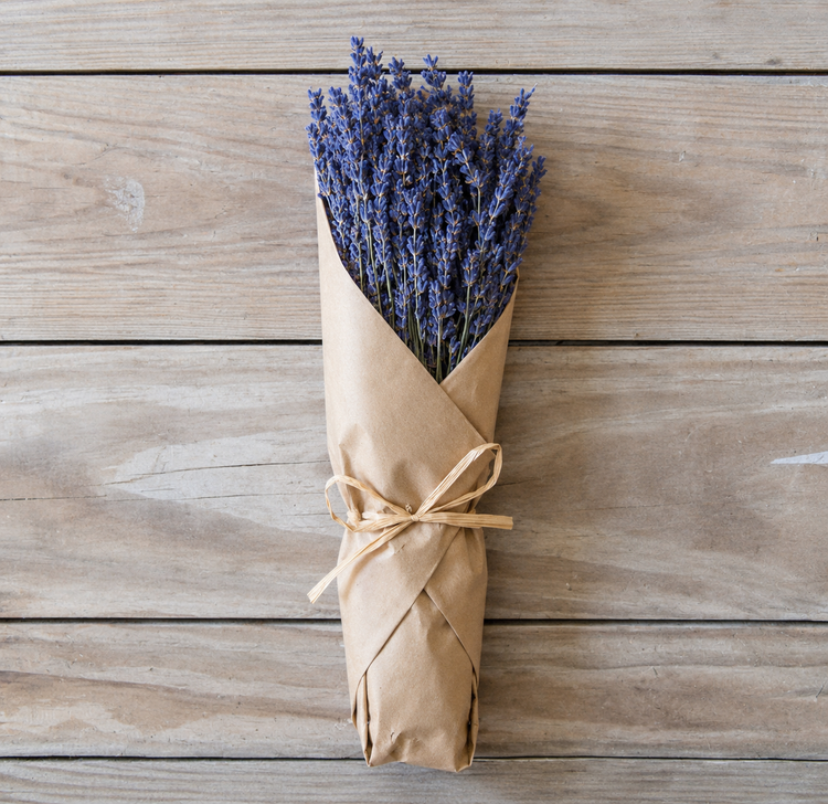 Hand wrapped lavender bunch in brown butcher paper, perfect for mother's day gift