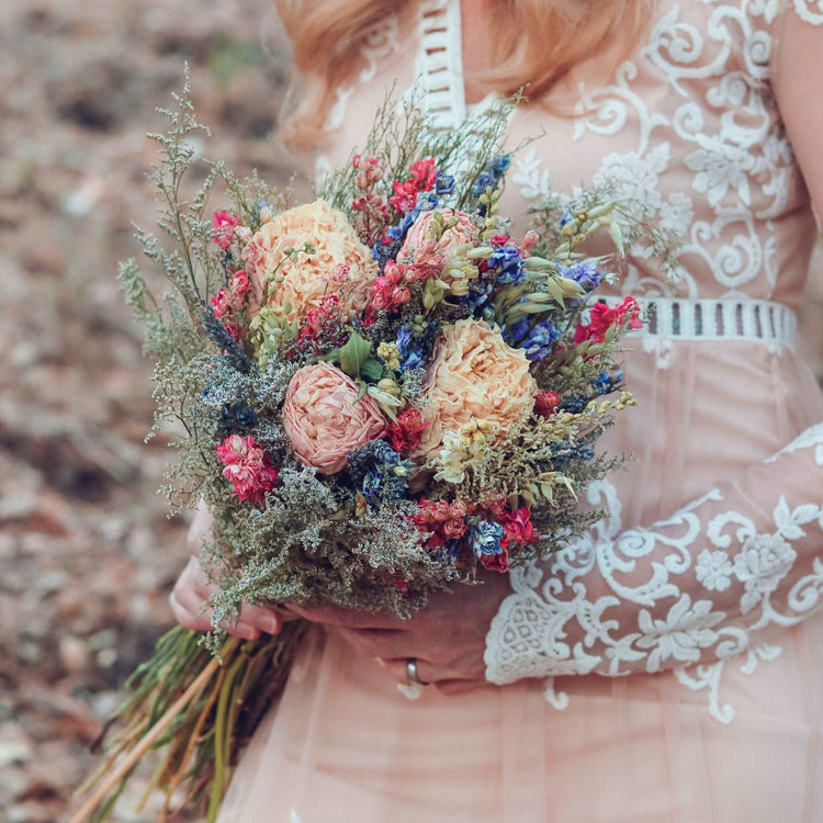 Lavender and Peony Dried Bridal bouquet / Dry Flower bouquet for Wedding / Rustic Boho and Bridesmaid bouquet / Wildflower Dried bouquet
