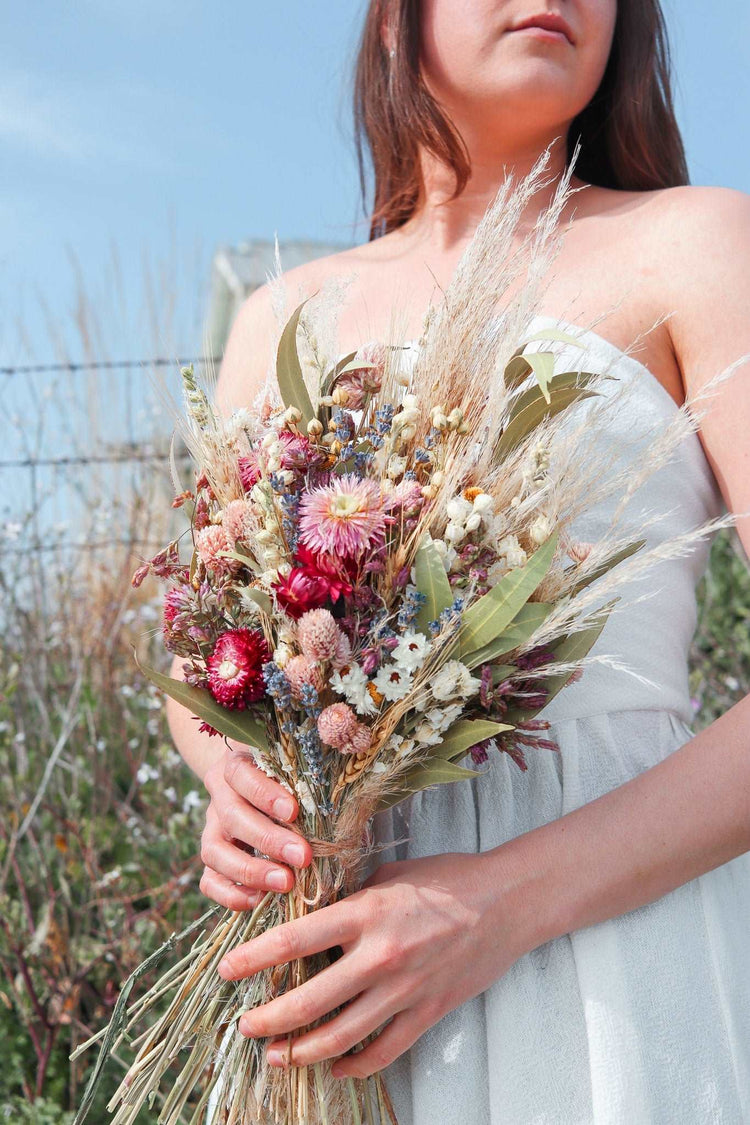 Strawflower corsage with Pampas, Lavender, and Caspia, Dried Bridal flower bouquet for Wedding, Rustic Boho Brides, Bridesmaid bouquet