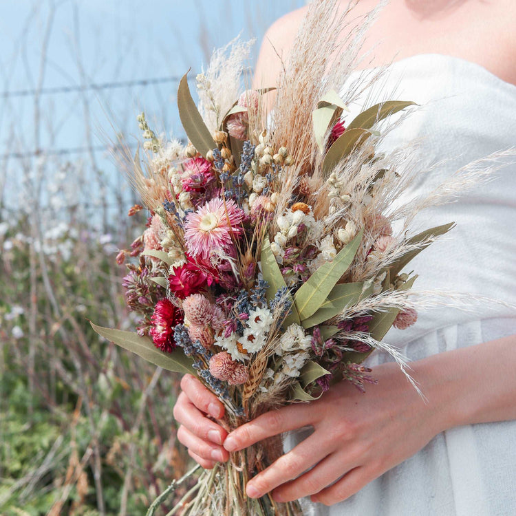 Strawflower corsage with Pampas, Lavender, and Caspia, Dried Bridal flower bouquet for Wedding, Rustic Boho Brides, Bridesmaid bouquet