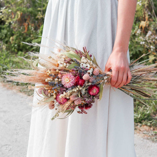 Strawflower corsage with Pampas, Lavender, and Caspia, Dried Bridal flower bouquet for Wedding, Rustic Boho Brides, Bridesmaid bouquet