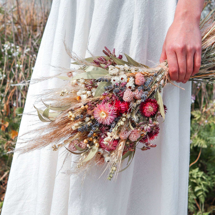Strawflower corsage with Pampas, Lavender, and Caspia, Dried Bridal flower bouquet for Wedding, Rustic Boho Brides, Bridesmaid bouquet