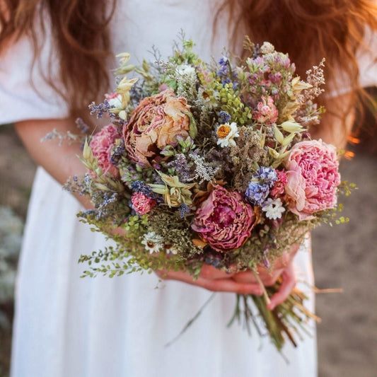 Lavender and Peony Dried Bridal bouquet / Dry Flower bouquet for Wedding / Rustic Boho and Bridesmaid bouquet / Wildflower Dried bouquet