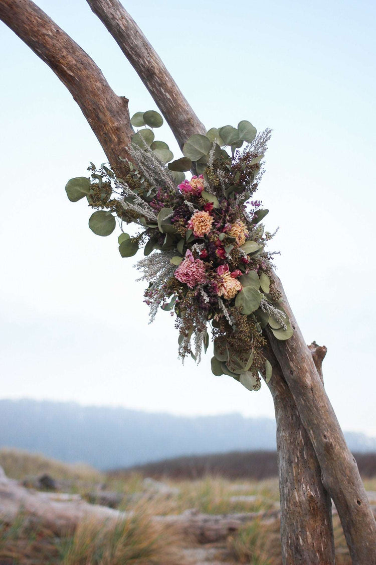Boho Eucalyptus and Peony Wedding Arch Arrangement, Eucalyptus Runner, Peach Arbor Arrangements, Eucalyptus Wedding Decor