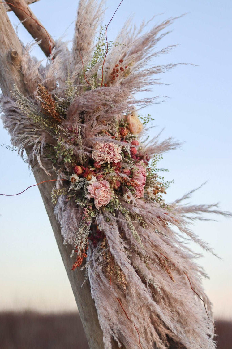 Boho Pampas and Peony Wedding Arch Arrangement, Eucalyptus Runner, Peach Arbor Arrangements, Eucalyptus Wedding Decor