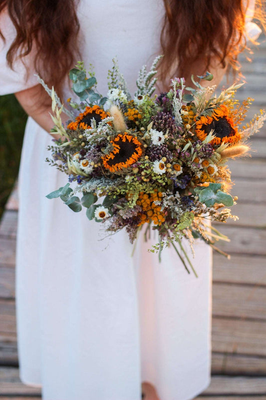 Sunflower dried Bouquet Eucalyptus, Tansy and Lavender Dried Bridal bouquet / Dry Flower Wedding, Rustic Boho Brides, Bridesmaid bouquet