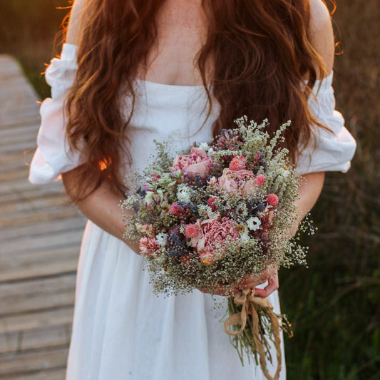 Peony, Babies Breathe Dried Bridal bouquet / Dry Flower bouquet for Wedding / Rustic Boho and Bridesmaid bouquet / Wildflower Dried bouquet