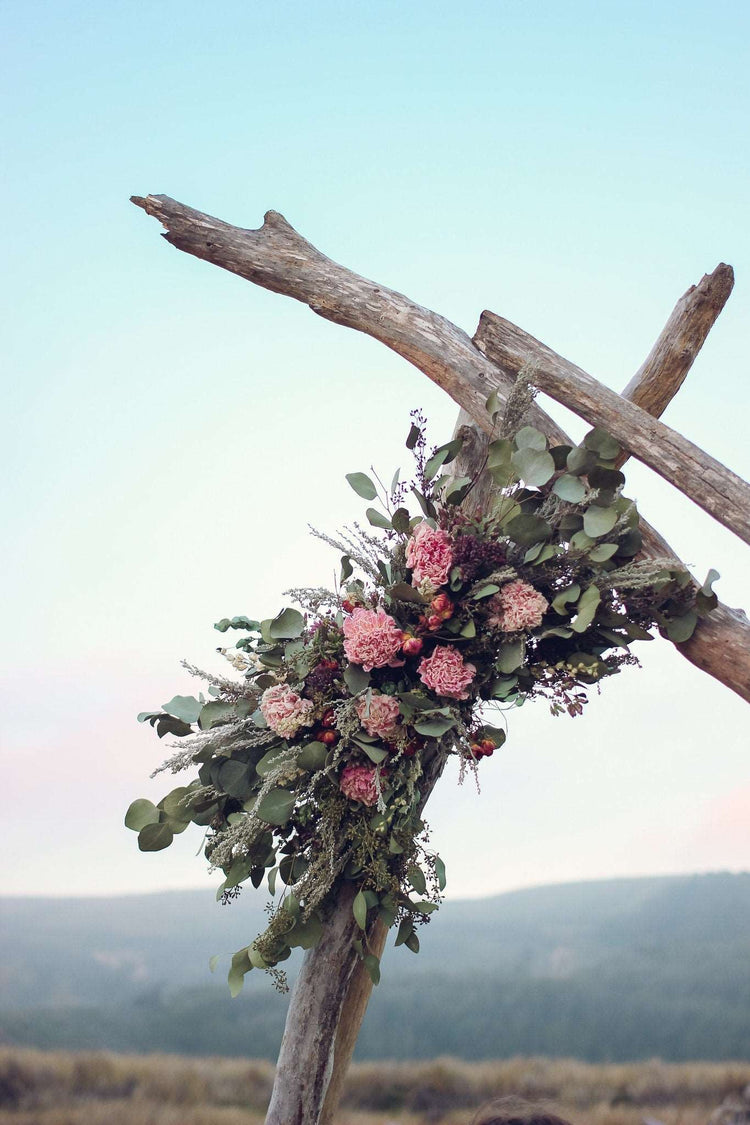 Boho Eucalyptus and Peony Wedding Arch Arrangement, Eucalyptus Runner, Peach Arbor Arrangements, Eucalyptus Wedding Decor