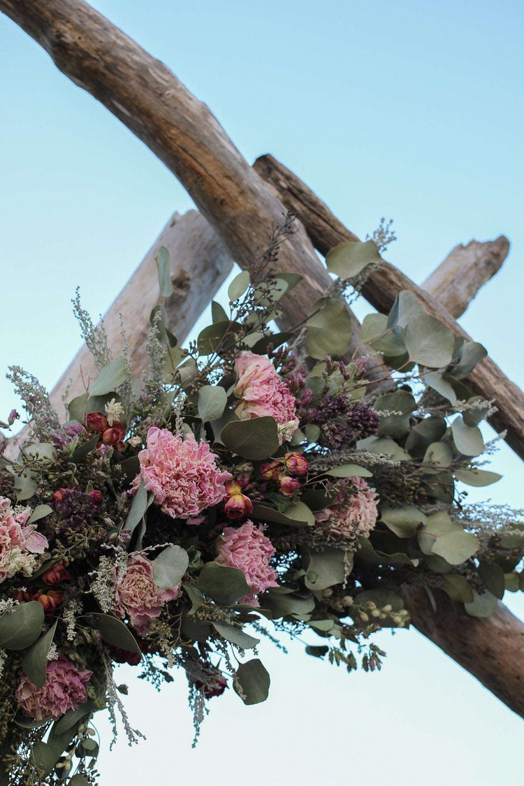 Boho Eucalyptus and Peony Wedding Arch Arrangement, Eucalyptus Runner, Peach Arbor Arrangements, Eucalyptus Wedding Decor