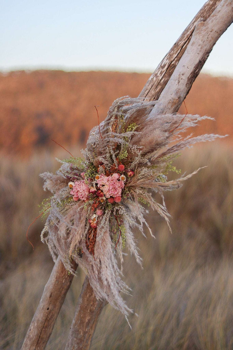 Boho Pampas and Peony Wedding Arch Arrangement, Eucalyptus Runner, Peach Arbor Arrangements, Eucalyptus Wedding Decor