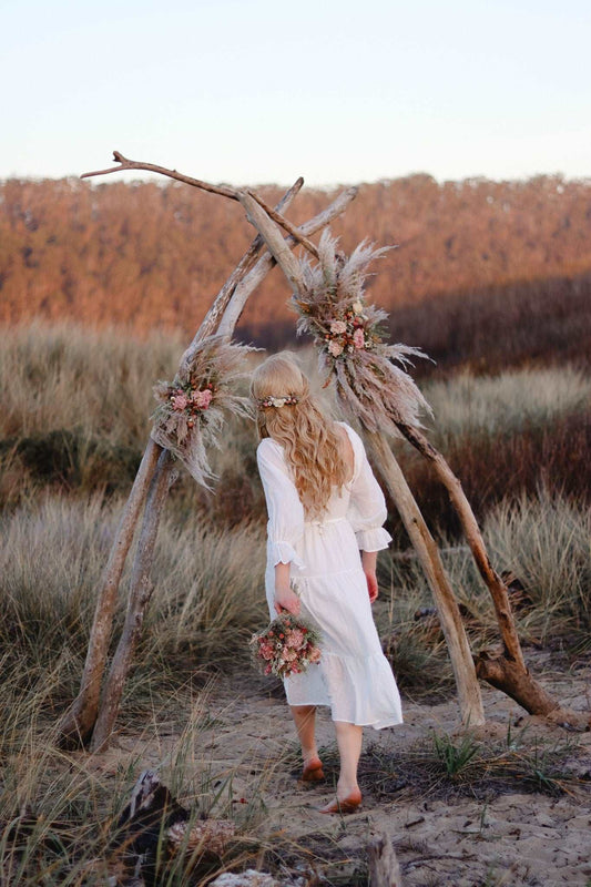 Boho Pampas and Peony Wedding Arch Arrangement, Eucalyptus Runner, Peach Arbor Arrangements, Eucalyptus Wedding Decor