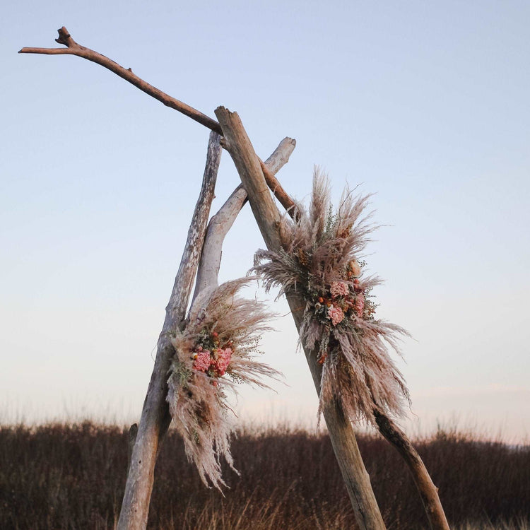 Boho Pampas and Peony Wedding Arch Arrangement, Eucalyptus Runner, Peach Arbor Arrangements, Eucalyptus Wedding Decor