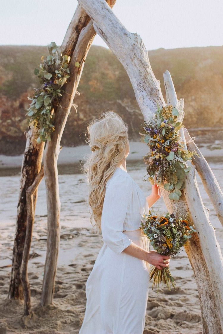 Boho Eucalyptus and Tansy Wedding Arch Arrangement, Eucalyptus Runner, Peach Arbor Arrangements, Eucalyptus Wedding Decor