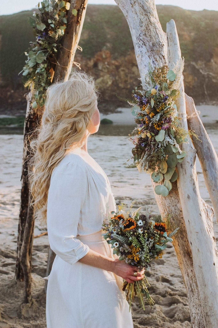 Boho Eucalyptus and Tansy Wedding Arch Arrangement, Eucalyptus Runner, Peach Arbor Arrangements, Eucalyptus Wedding Decor