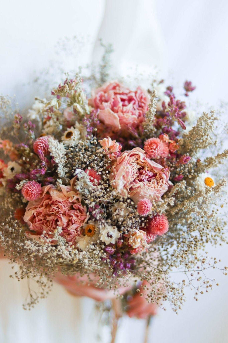 Pink Boutonniere with Peony and Babies Breathe for Dry Flower bouquet for Weddings / Rustic Boho Bridesmaid bouquet / Wildflower bouquet