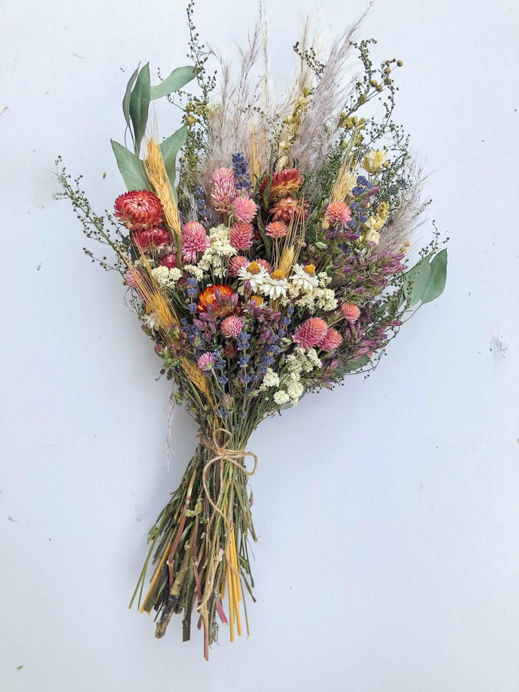 Strawflower corsage with Pampas, Lavender, and Caspia, Dried Bridal flower bouquet for Wedding, Rustic Boho Brides, Bridesmaid bouquet