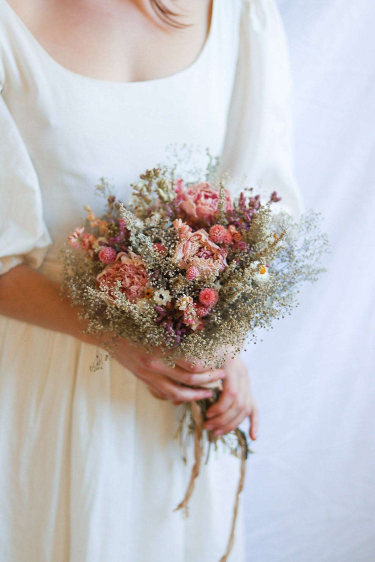 Pink Boutonniere with Peony and Babies Breathe for Dry Flower bouquet for Weddings / Rustic Boho Bridesmaid bouquet / Wildflower bouquet