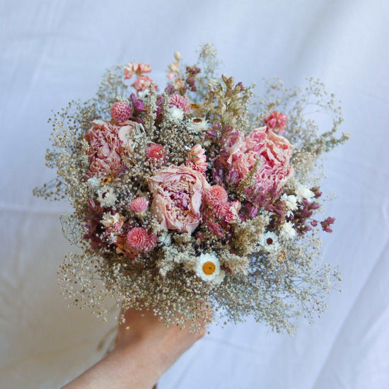 Pink Boutonniere with Peony and Babies Breathe for Dry Flower bouquet for Weddings / Rustic Boho Bridesmaid bouquet / Wildflower bouquet