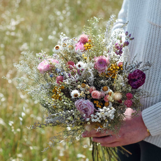 Pink Summer dried Bouquet Rannuculus, Tansy and Caspia Dried Bridal bouquet / Dry Flower Wedding, Rustic Boho Brides, Bridesmaid bouquet