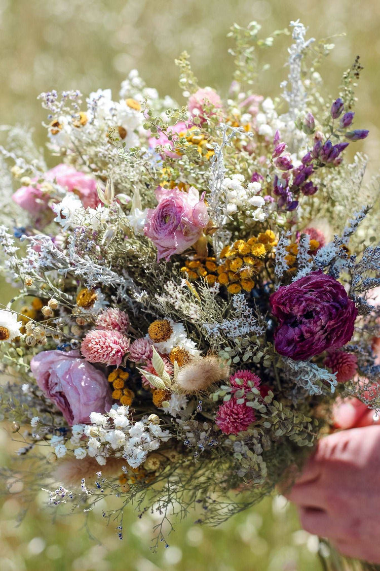 Pink Summer dried Bouquet Rannuculus, Tansy and Caspia Dried Bridal bouquet / Dry Flower Wedding, Rustic Boho Brides, Bridesmaid bouquet