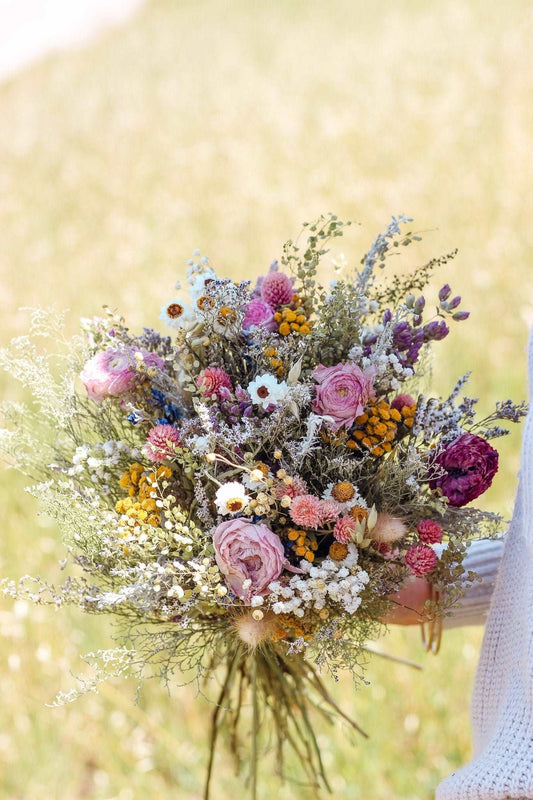 Pink Summer dried Bouquet Rannuculus, Tansy and Caspia Dried Bridal bouquet / Dry Flower Wedding, Rustic Boho Brides, Bridesmaid bouquet