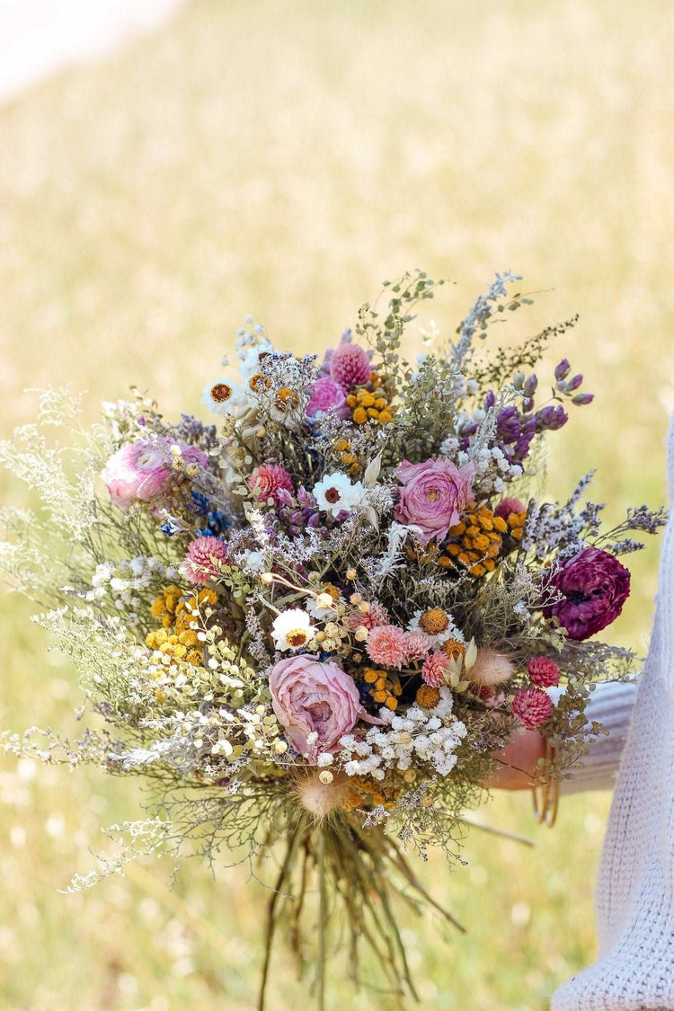 Pink Summer dried Bouquet Rannuculus, Tansy and Caspia Dried Bridal bouquet / Dry Flower Wedding, Rustic Boho Brides, Bridesmaid bouquet