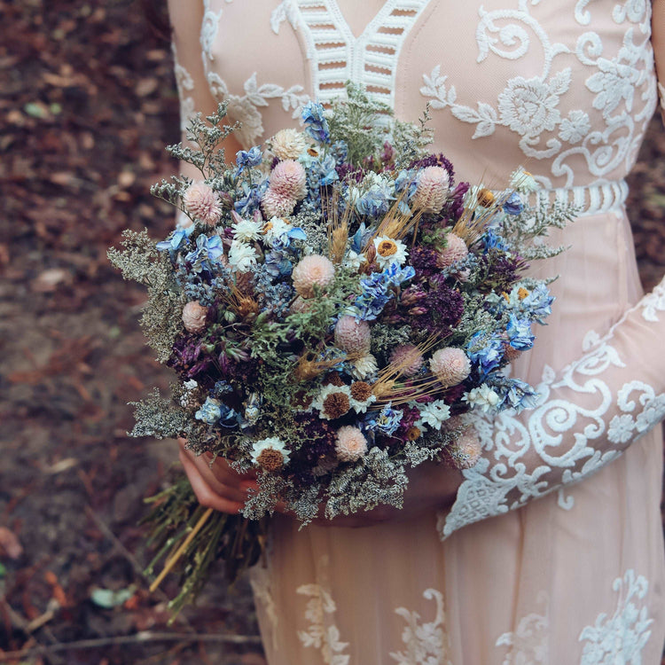 Blue Lavender Dried Bridal crown for Dry Flower Wedding, Rustic Boho Brides, Bridesmaid bouquet, Wildflowers Dried bouquet