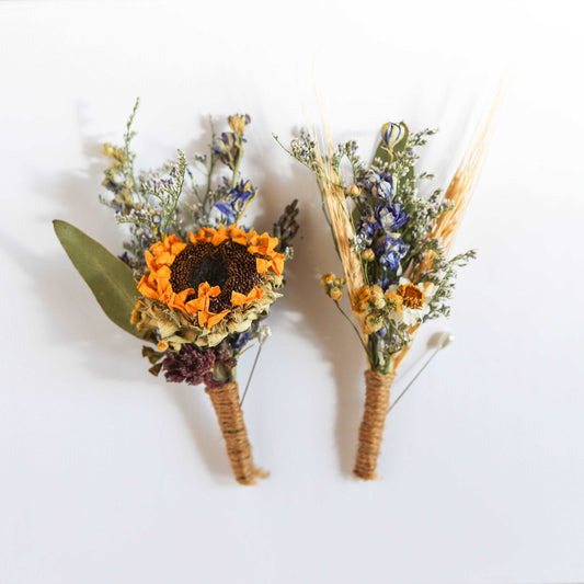 Boutonniere with Sunflower for Dried Bridal Decor / Dry Flower Wedding, Rustic Boho Brides, Bridesmaid bouquet, Wildflowers Dried bouquet