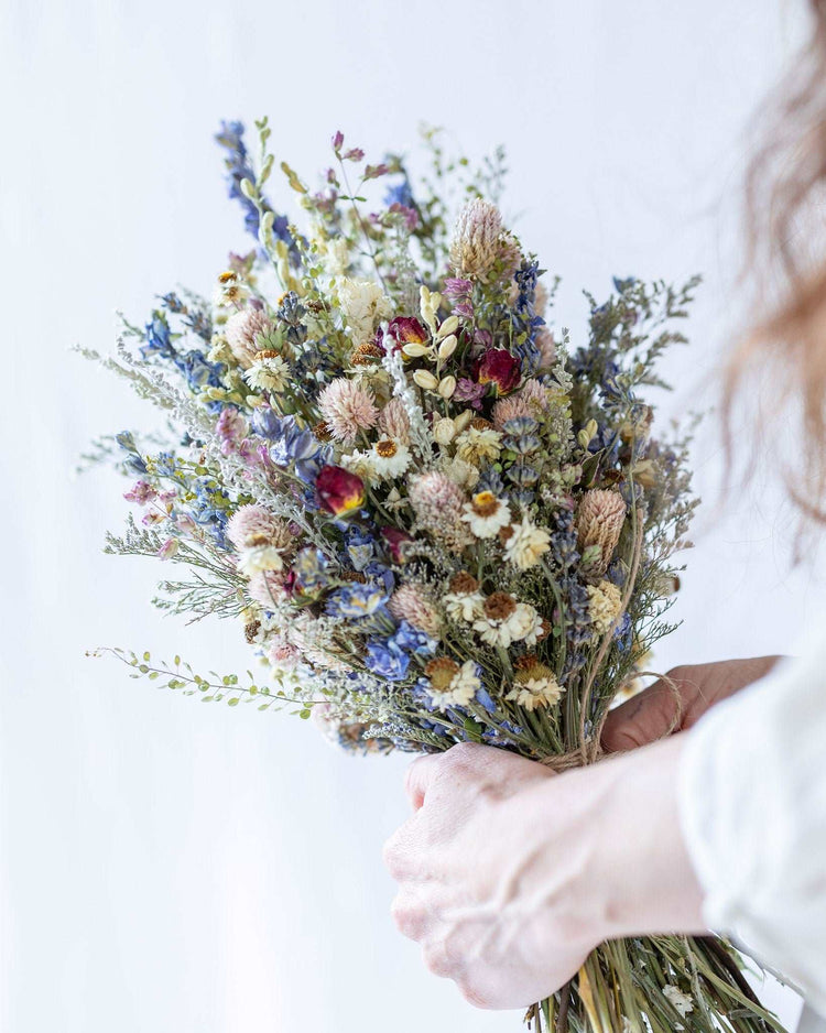 Dried Flower Corsage with Red Roses & Blue Lavender / Bridal bouquet for Wedding / Rustic Boho and Wedding Accessories / Wildflowers