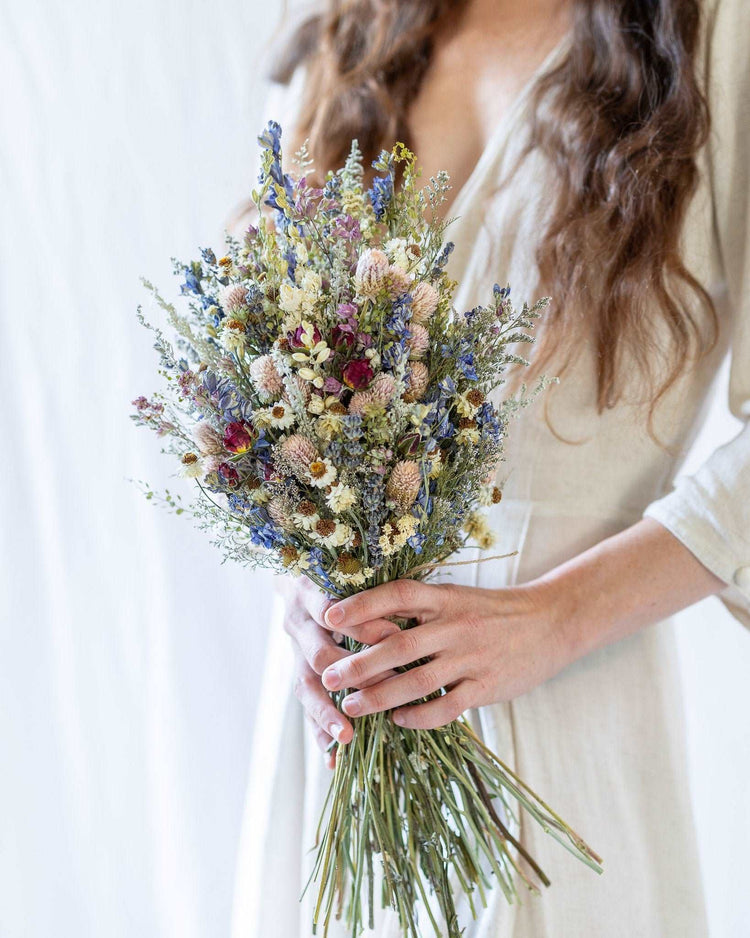 Dried Flower Corsage with Red Roses & Blue Lavender / Bridal bouquet for Wedding / Rustic Boho and Wedding Accessories / Wildflowers