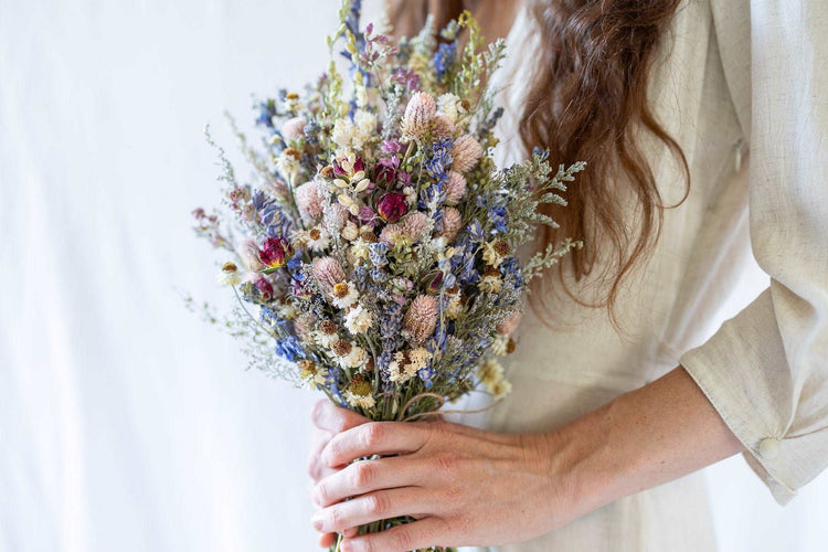 Dried Flower Corsage with Red Roses & Blue Lavender / Bridal bouquet for Wedding / Rustic Boho and Wedding Accessories / Wildflowers