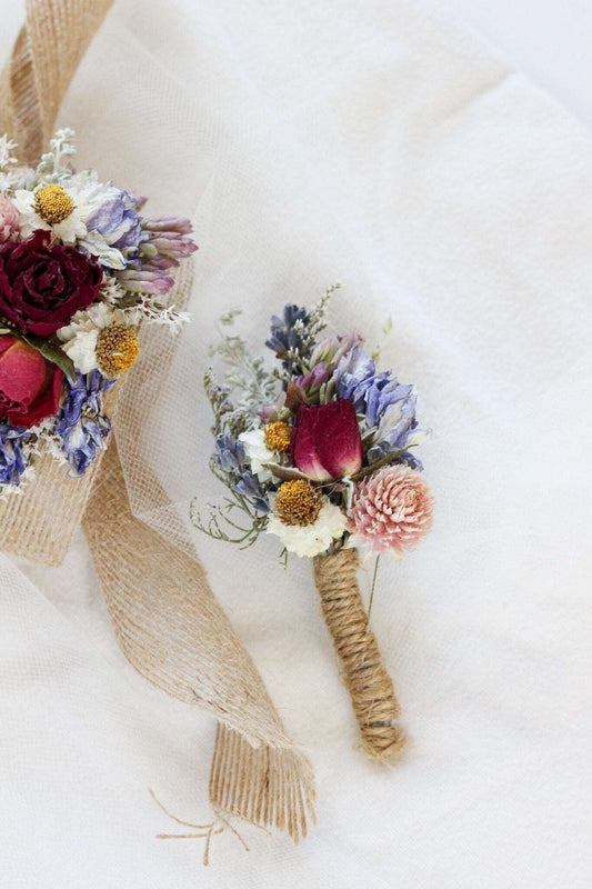 Dried Flower Boutonniere with Red Roses & Blue Lavender / Bridal bouquet for Wedding / Rustic Boho and Bridesmaid bouquet / Wildflowers