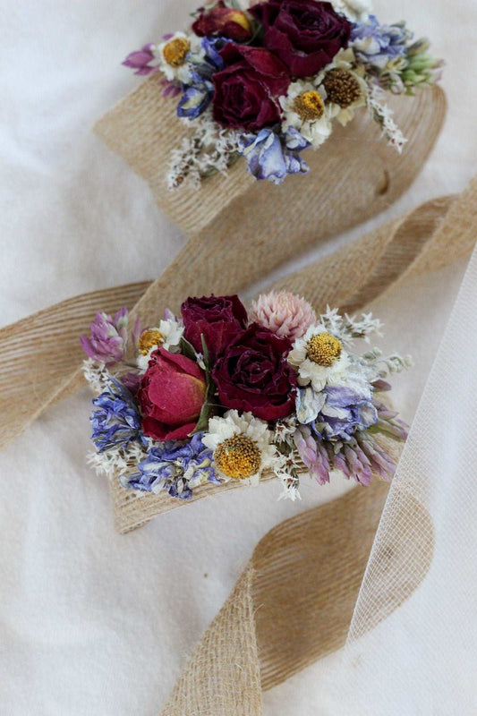 Dried Flower Corsage with Red Roses & Blue Lavender / Bridal bouquet for Wedding / Rustic Boho and Wedding Accessories / Wildflowers