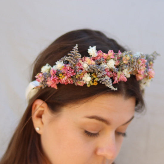Girl with Brunette Hair wearing Pink Dried wildflower Bridal Crown with dried Lavender for Rustic Boho Brides,