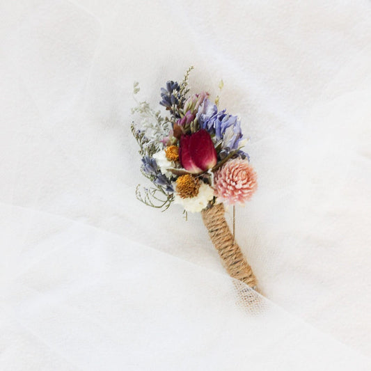Dried Flower Boutonniere with Red Roses & Blue Lavender / Bridal bouquet for Wedding / Rustic Boho and Bridesmaid bouquet / Wildflowers