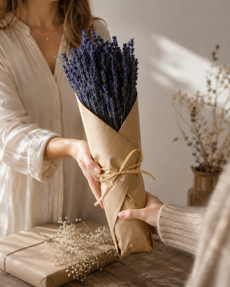 woman hands a hand wrapped lavender bunch as a present to another person. 