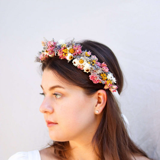 Pink Dried wildflower Bridal Crown, Lavender Dried Bridal bouquet / Dry Flower Wedding, Rustic Boho Brides, Bridesmaid bouquet,