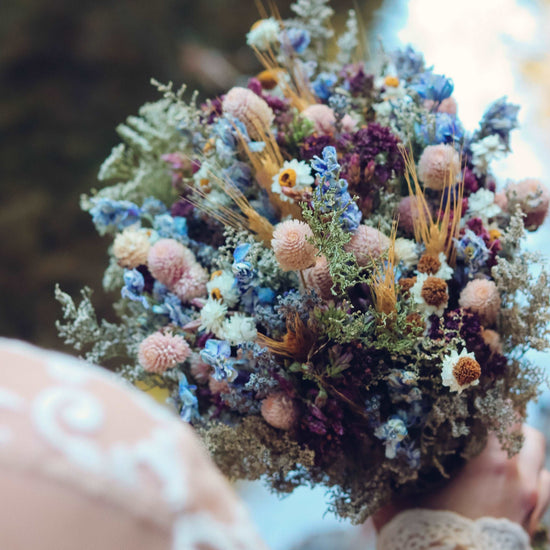 lavender dried flower arrangements Dried Flower Bouquet with Blue Lavender, Pink Gomphrena, Daisies, Wheat & Oregano, Flower comb