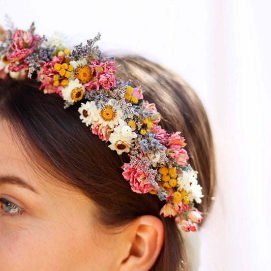 Pink Dried wildflower Bridal Crown, Lavender Dried Bridal bouquet / Dry Flower Wedding, Rustic Boho Brides, Bridesmaid bouquet,