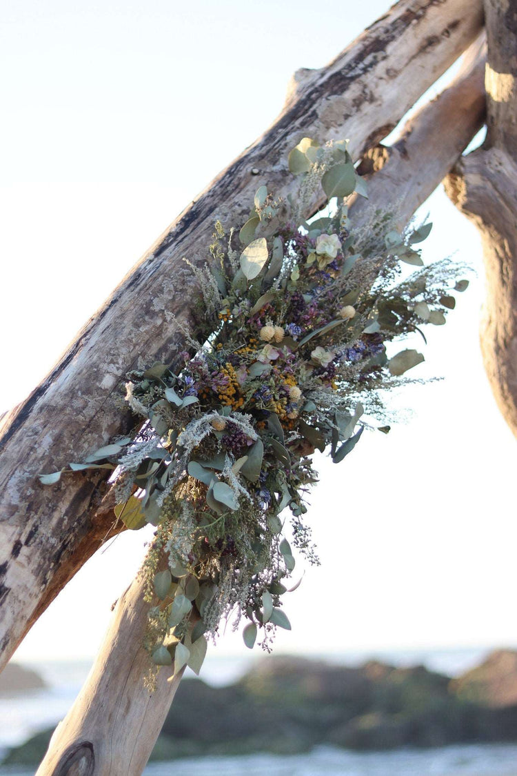 Boho Eucalyptus and Tansy Wedding Arch Arrangement, Eucalyptus Runner, Peach Arbor Arrangements, Eucalyptus Wedding Decor