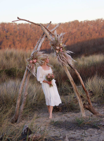 Boho Pampas and Peony Wedding Arch Arrangement, Eucalyptus Runner, Peach Arbor Arrangements, Eucalyptus Wedding Decor