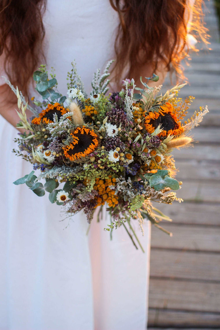 Boutonniere with Sunflower for Dried Bridal Decor / Dry Flower Wedding, Rustic Boho Brides, Bridesmaid bouquet, Wildflowers Dried bouquet