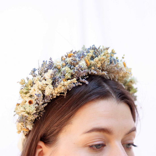 Blue Lavender Dried Bridal crown for Dry Flower Wedding, Rustic Boho Brides, Bridesmaid bouquet, Wildflowers Dried bouquet