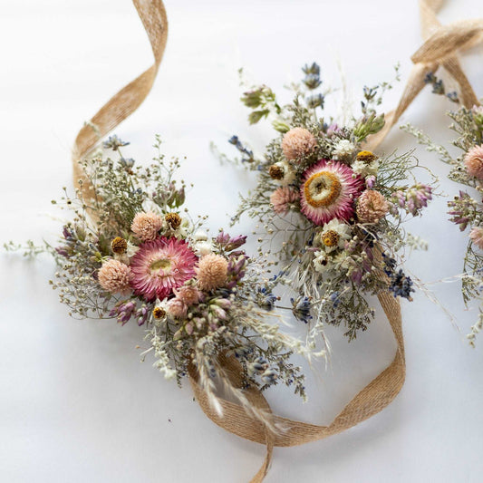 Strawflower corsage with Pampas, Lavender, and Caspia, Dried Bridal flower bouquet for Wedding, Rustic Boho Brides, Bridesmaid bouquet
