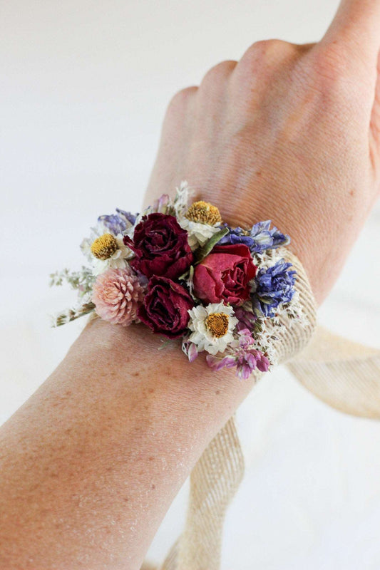 Dried Flower Corsage with Red Roses & Blue Lavender / Bridal bouquet for Wedding / Rustic Boho and Wedding Accessories / Wildflowers